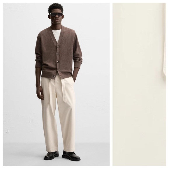 NWT. Zara Beige Textured Belted Relaxed Fit Pants. Size 34.